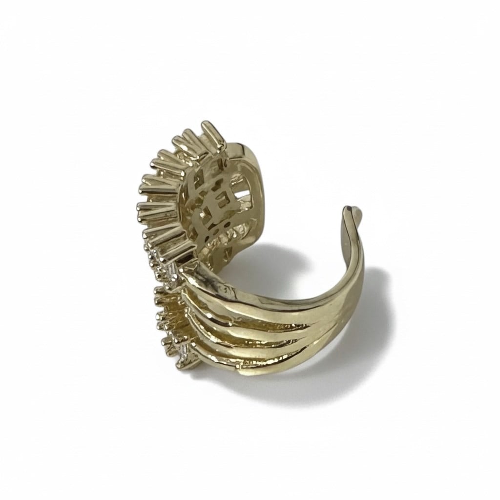 Earcuff Sıkıştırmalı Pirinç Kıkırdak Küpe Baget Taşlı Üç Sıralı Altın Renk         