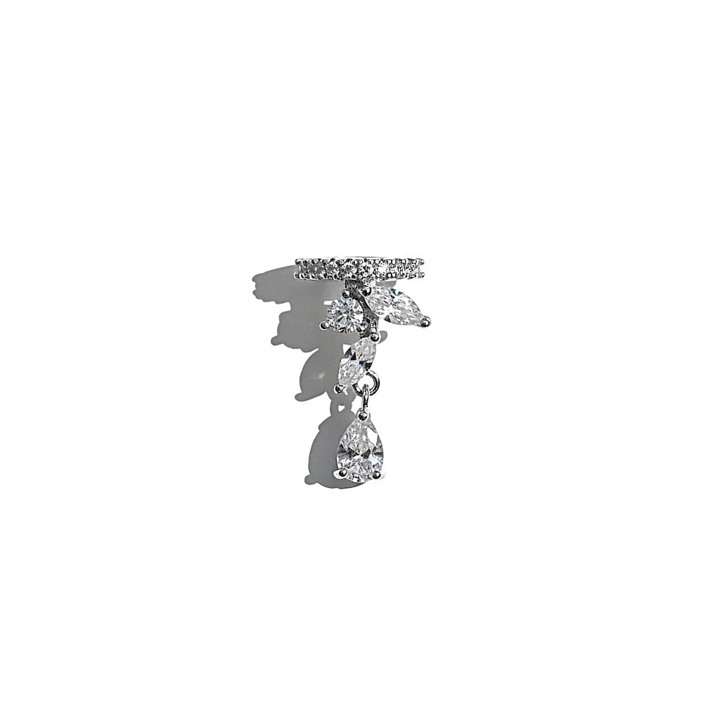 Earcuff Sıkıştırmalı Pirinç Kıkırdak Küpe Damla Kesim Baget Taş Sallantılı Gümüş Renk         