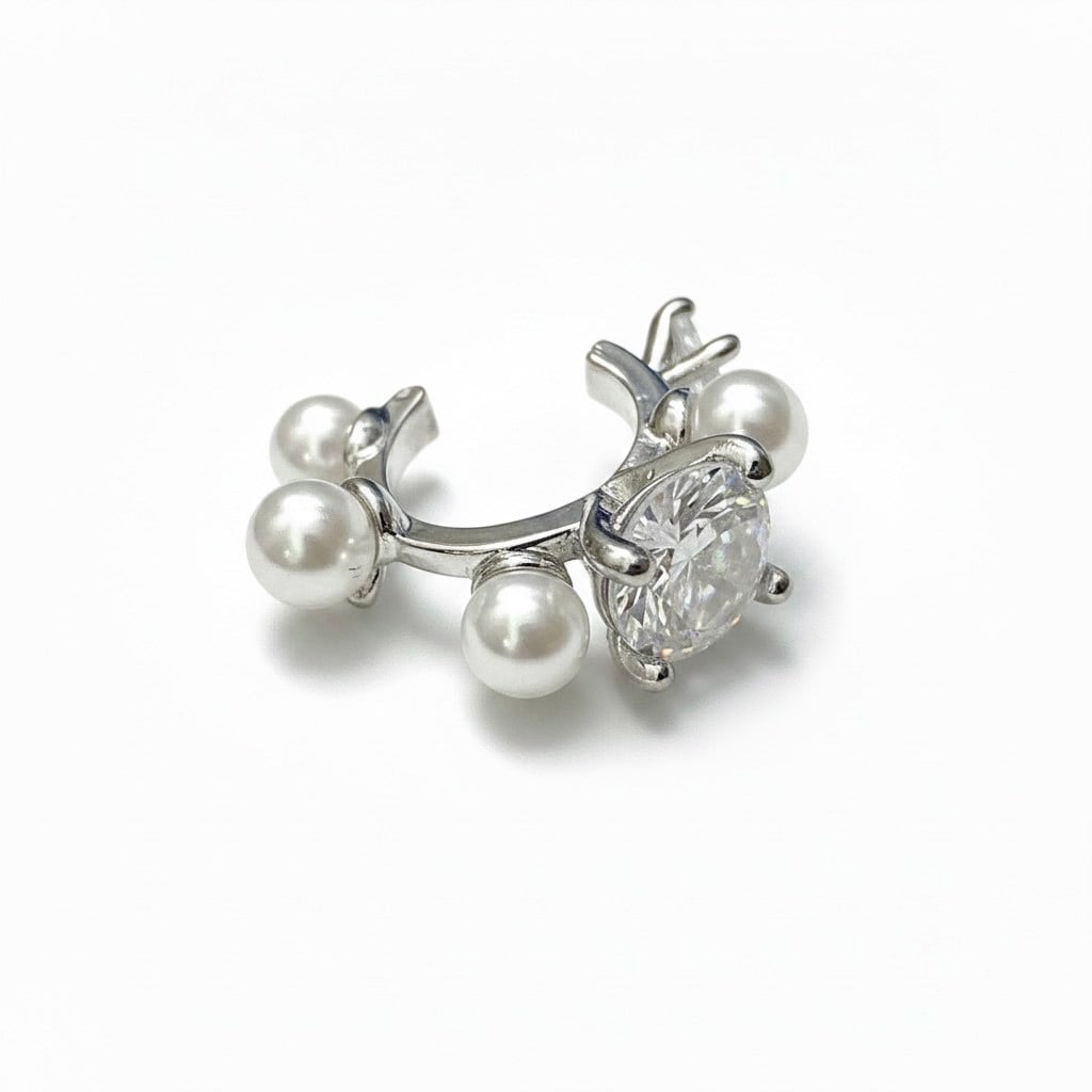 Earcuff Sıkıştırmalı Pirinç Kıkırdak Küpe İncili Taşlı Gümüş Renk         