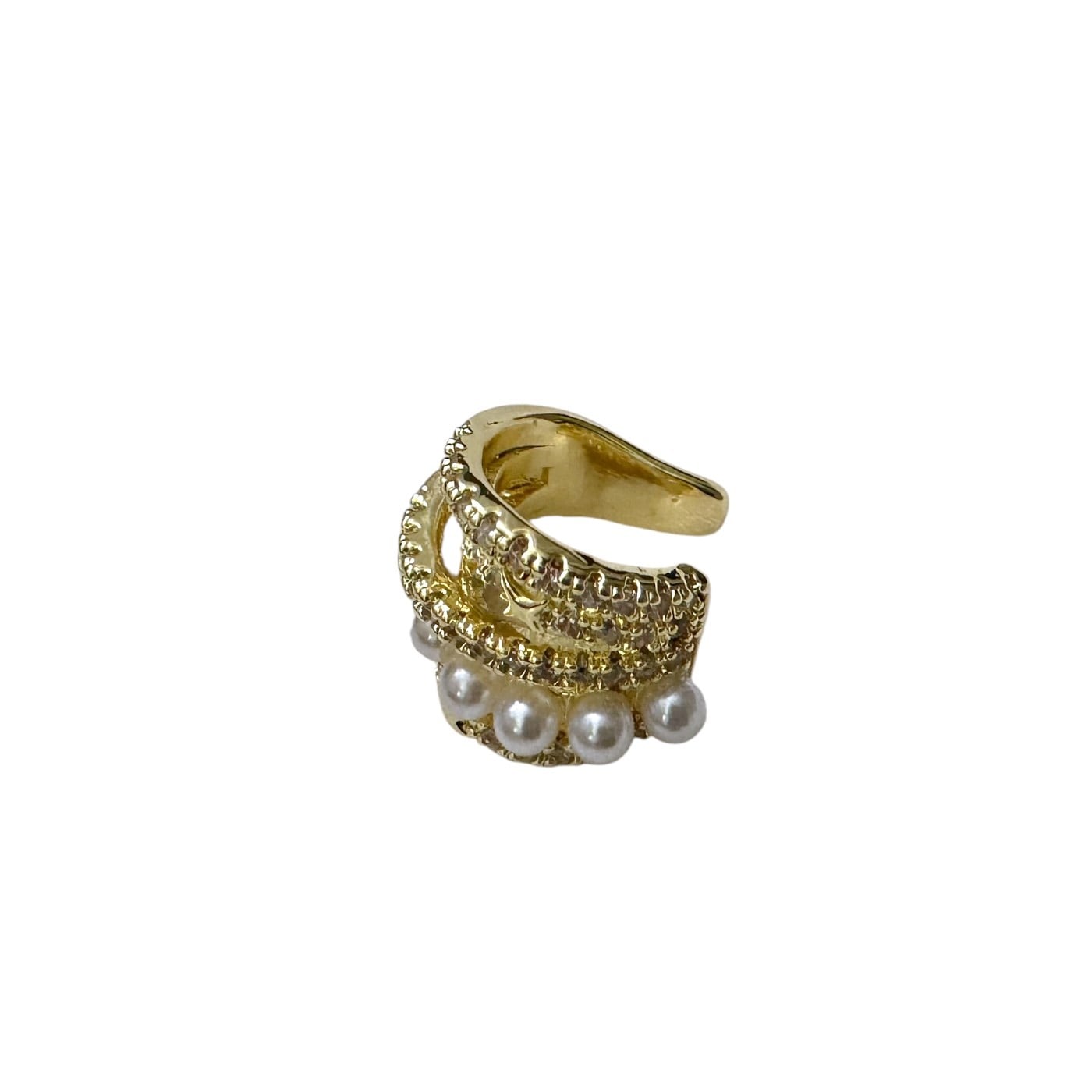 Earcuff Sıkıştırmalı Pirinç Kıkırdak Küpe Tek Sıra İncili Zirkon Taşlı Altın Renk         