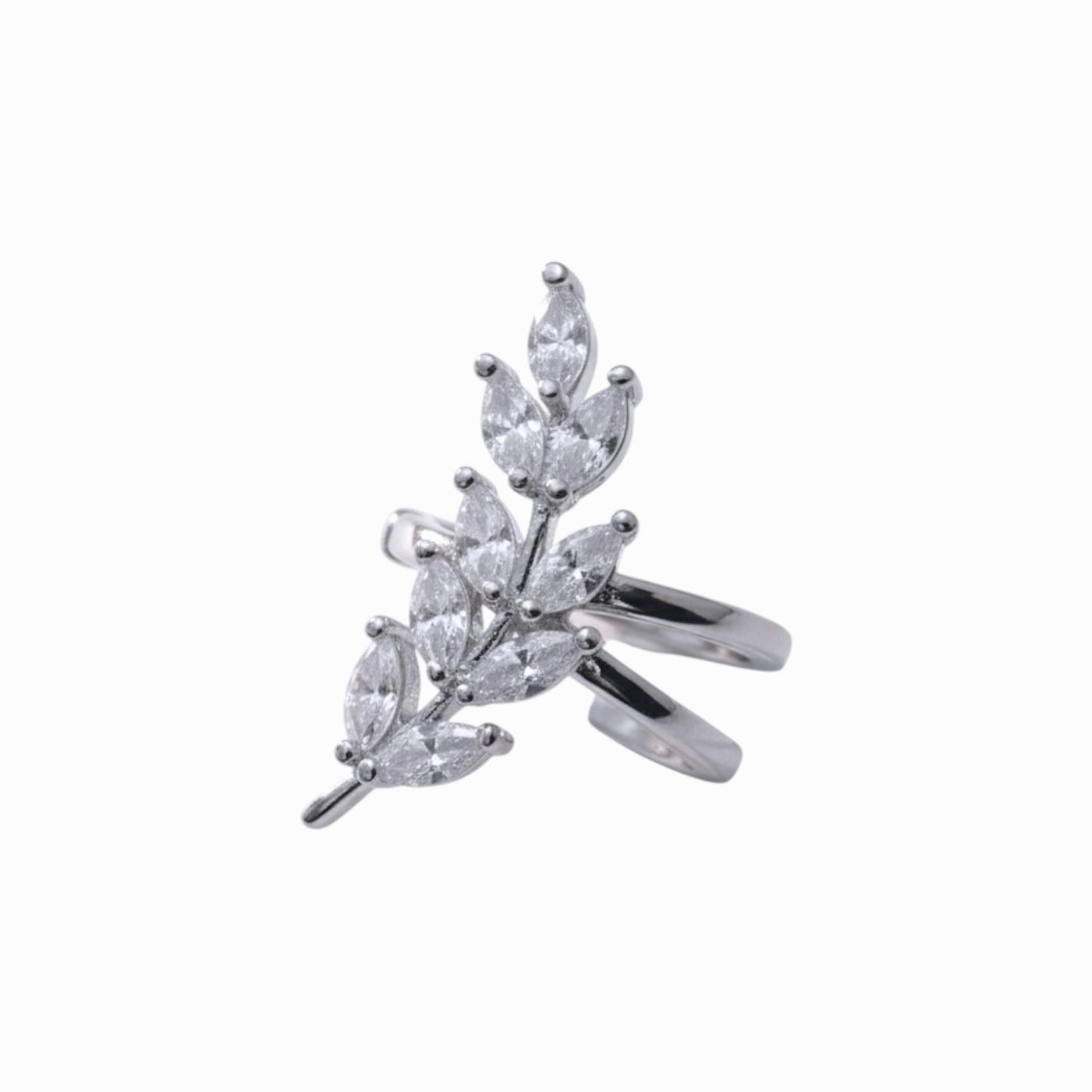 Earcuff Sıkıştırmalı Pirinç Kıkırdak Küpe Yaprak Detaylı Baget Taşlı  Gümüş Renk         