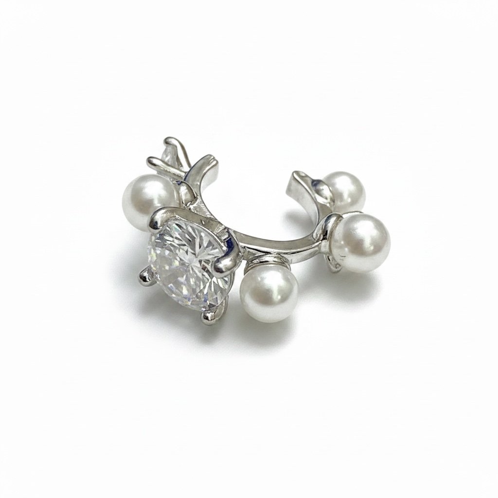 Earcuff Sıkıştırmalı Pirinç Kıkırdak Küpe İncili Taşlı Gümüş Renk         