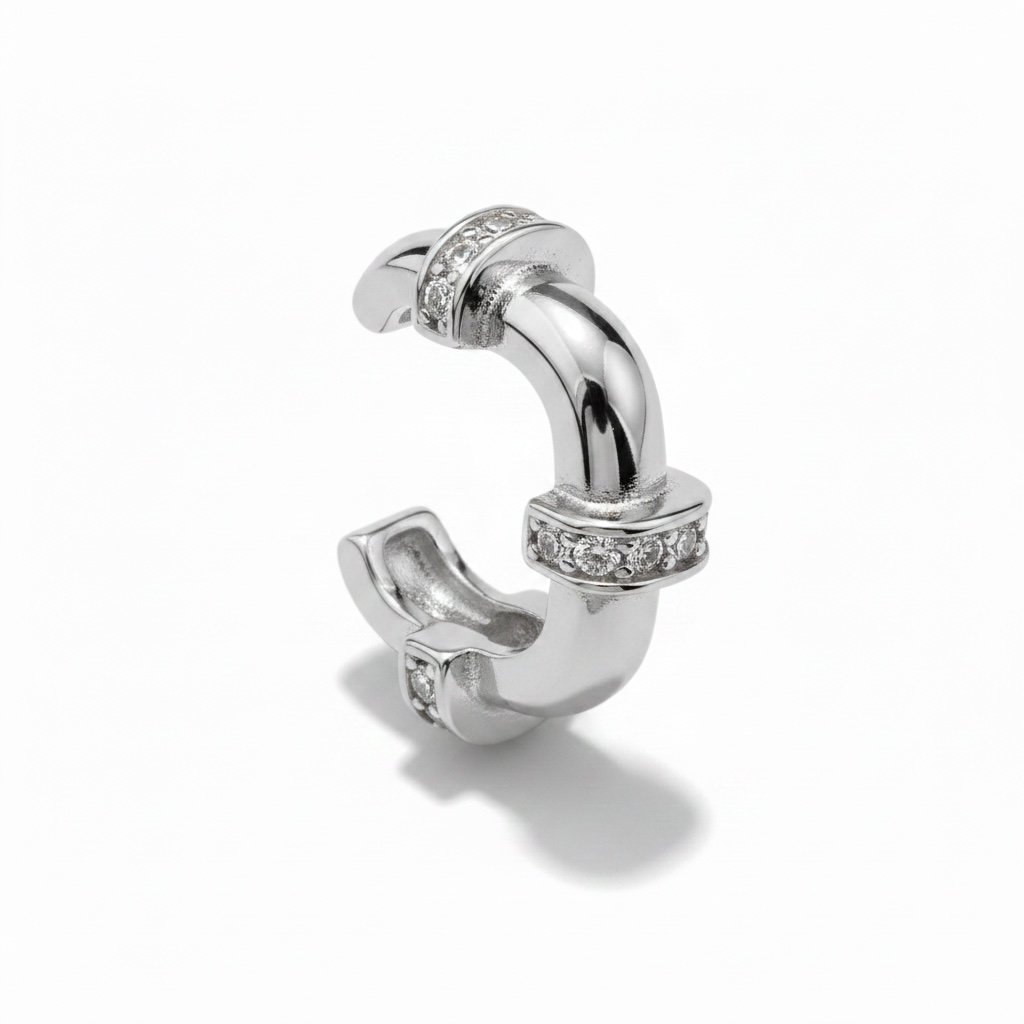 Earcuff Sıkıştırmalı Pirinç Kıkırdak Küpe Kare Zirkon Taşlı Gümüş  Renk         