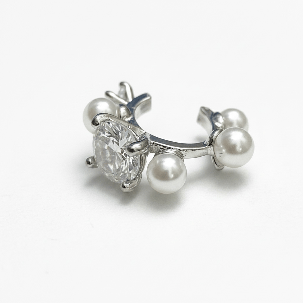 Earcuff Sıkıştırmalı Pirinç Kıkırdak Küpe İncili Taşlı Gümüş Renk         