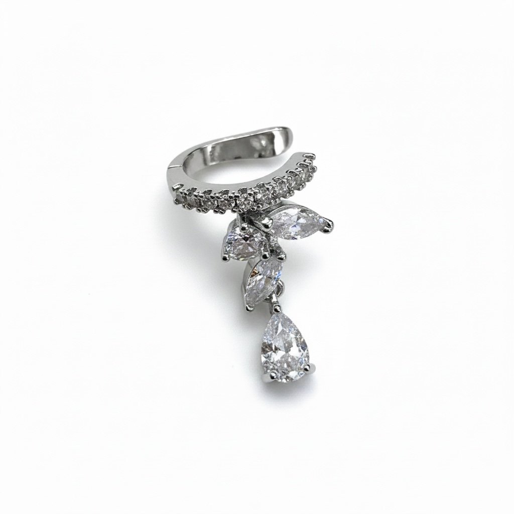 Earcuff Sıkıştırmalı Pirinç Kıkırdak Küpe Damla Kesim Baget Taş Sallantılı Gümüş Renk         