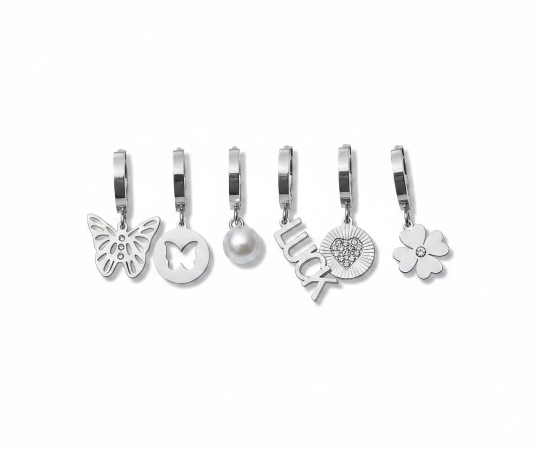 Kadın Çelik Luck Detaylı 6 Adet Küpe Set Gümüş Renk