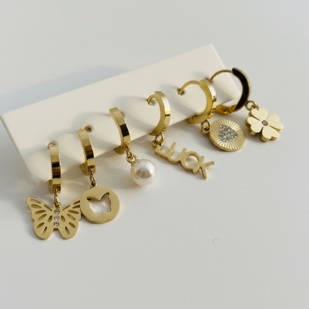 Kadın Çelik Luck Detaylı 6 Adet Küpe Set Altın Renk