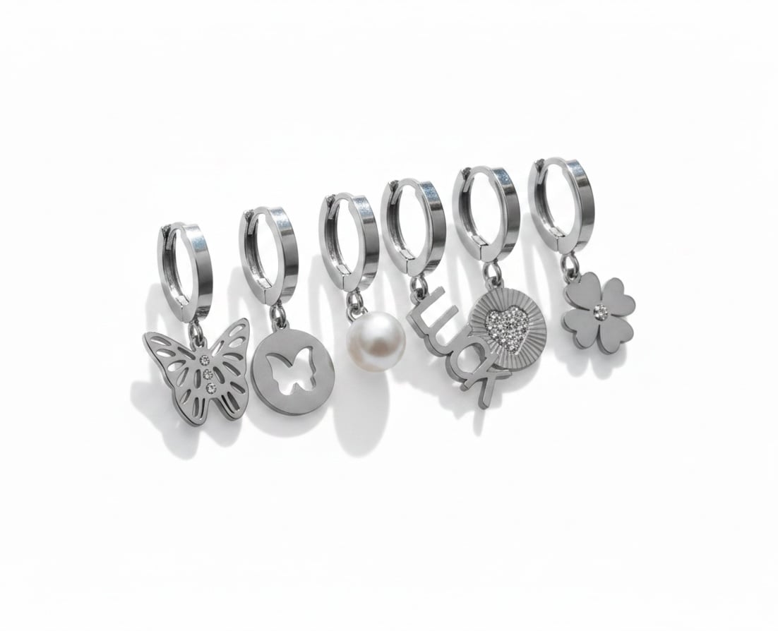 Kadın Çelik Luck Detaylı 6 Adet Küpe Set Gümüş Renk