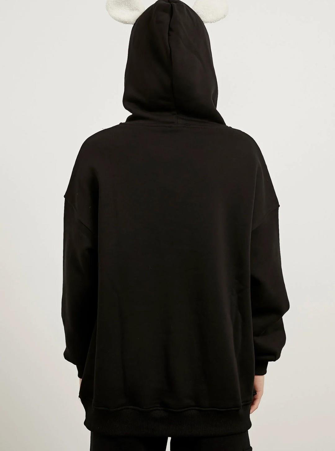 Kapüşonlu Şardonlu Nakışlı Kulaklı Sweatshirt Siyah