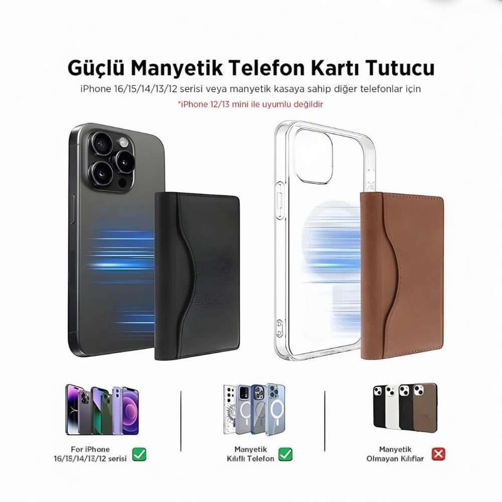 MagSafe Özellikli Mıknatıslı Kartlık5 Bölmeli Stand Olabilen Suni Deri 