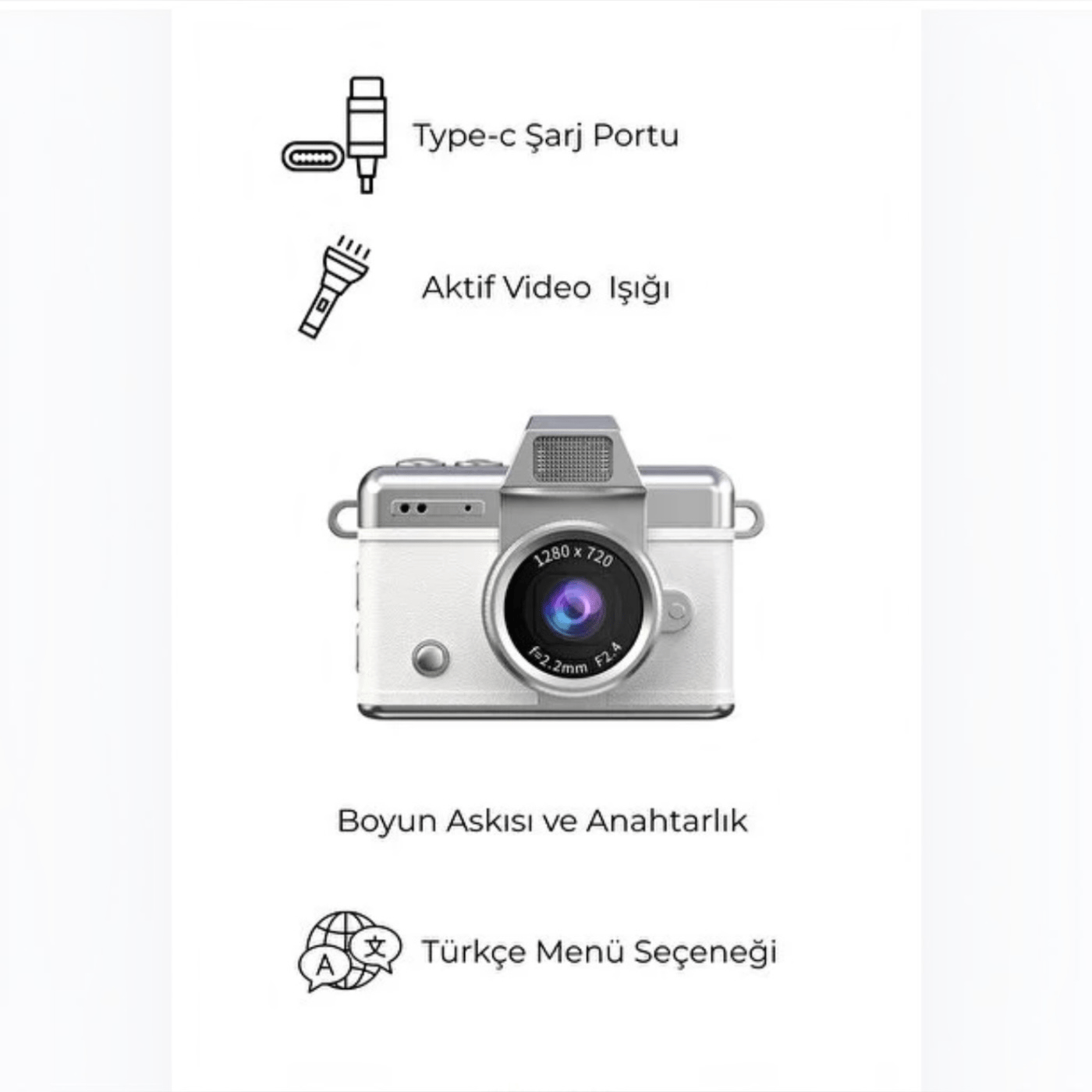 Mini Dijital Kamera (Boy 3,5 *4,5 cm )Yüksek Çözünürlüklü 1280*720 Hd Ekranlı Beyaz Renk 