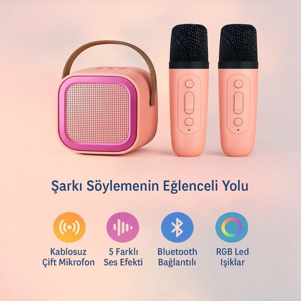Taşınabilir Çift Karaoke Mikrofonlu Hoparlör Kablosuz Bluetooth 5 Ses Efektli Pembe Renk 