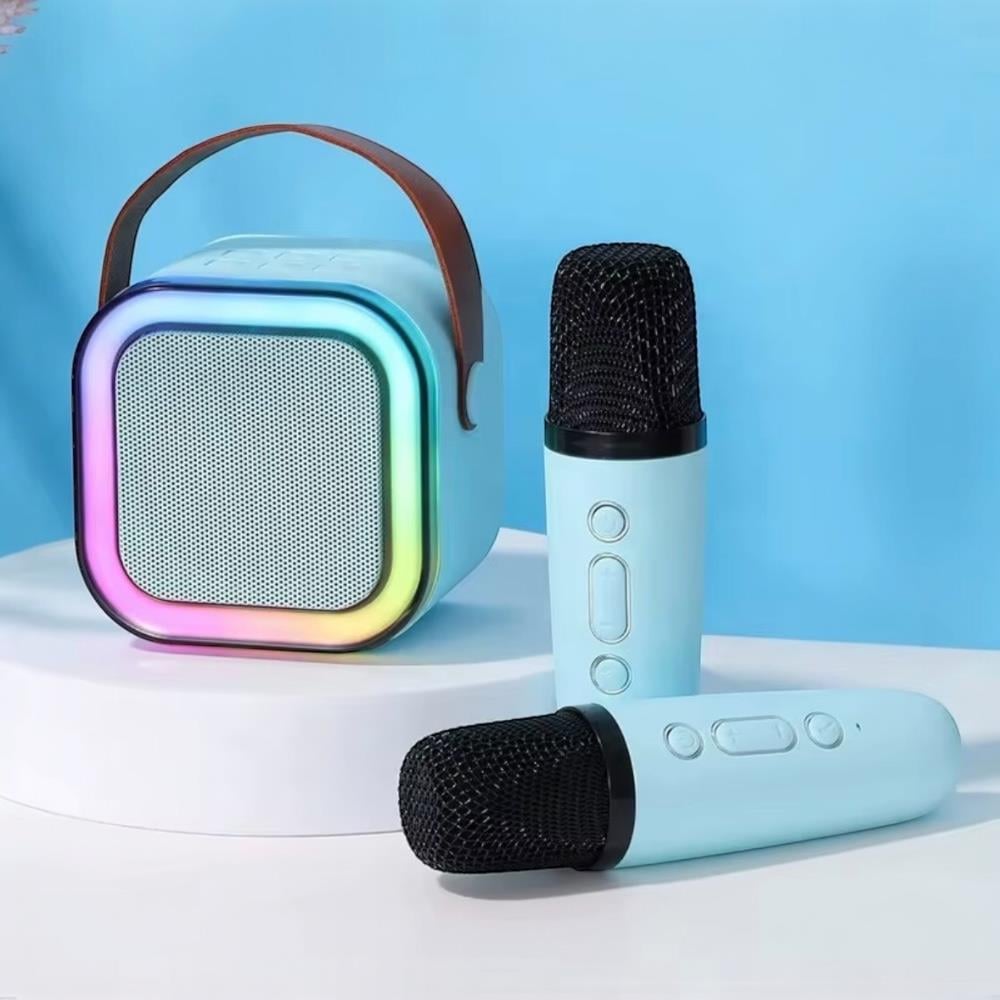 Taşınabilir Çift Karaoke Mikrofonlu Hoparlör Kablosuz Bluetooth 5 Ses Efektli Mavi Renk 