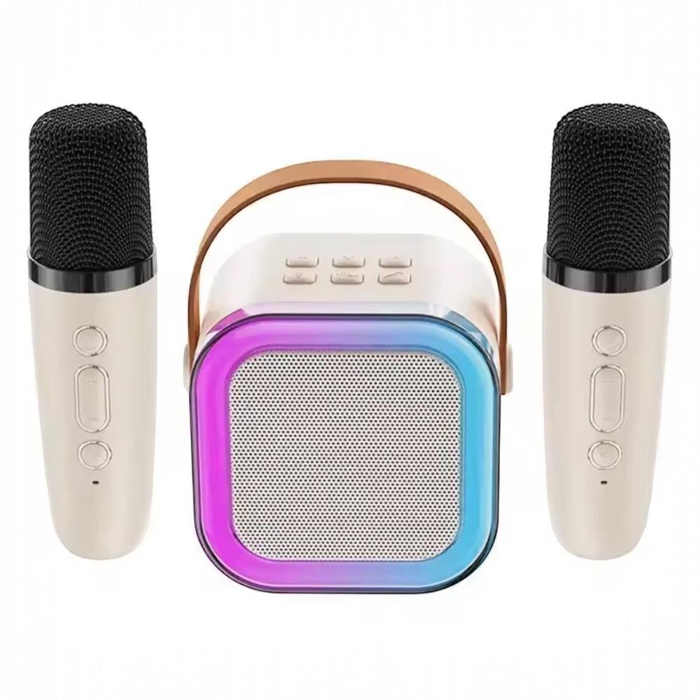 Taşınabilir Çift Karaoke Mikrofonlu Hoparlör Kablosuz Bluetooth 5 Ses Efektli Bej Rengi  