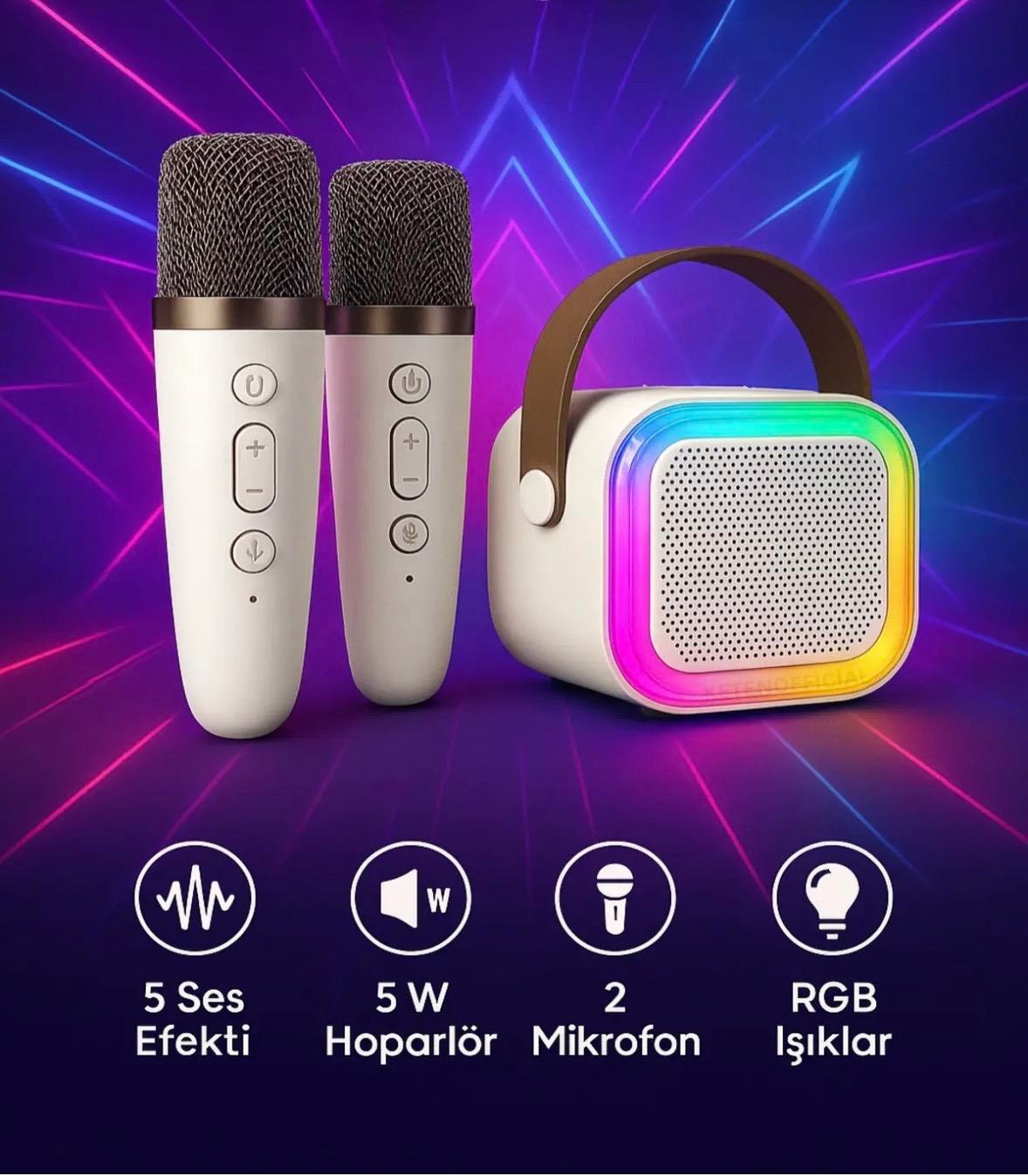 Taşınabilir Çift Karaoke Mikrofonlu Hoparlör Kablosuz Bluetooth 5 Ses Efektli Bej Rengi  