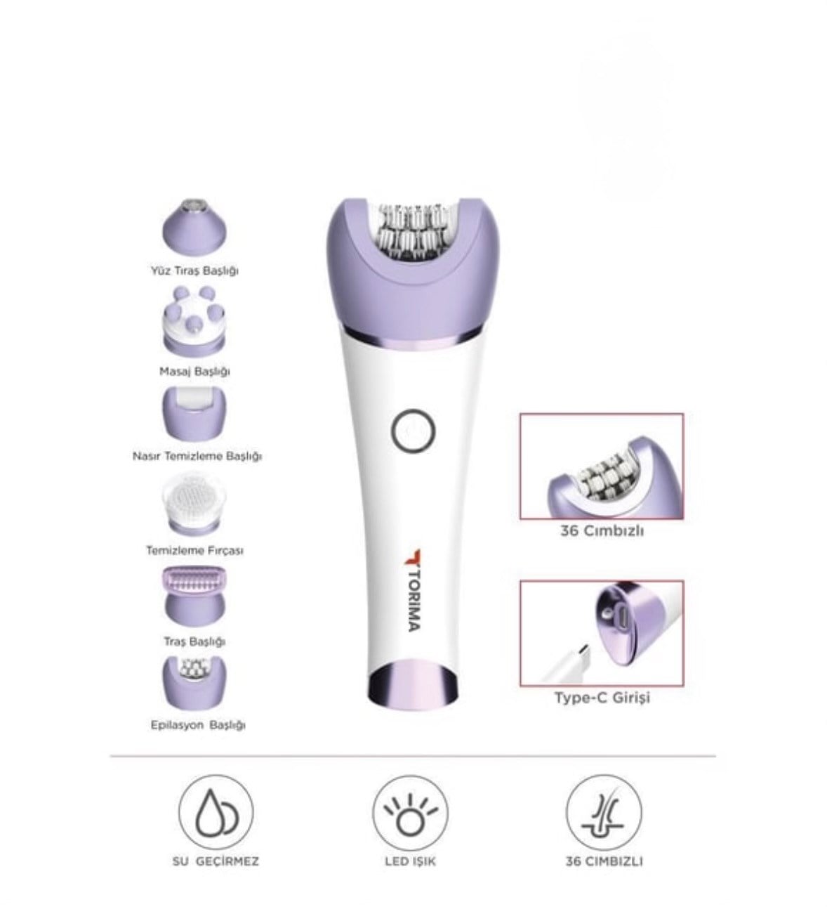 Torima TEP-02 Beyaz 6 Başlıklı Yüz+Koltuk Altı+Bikini Bölgesi+Bacak Islak Ve Kuru Kablosuz Epilatör