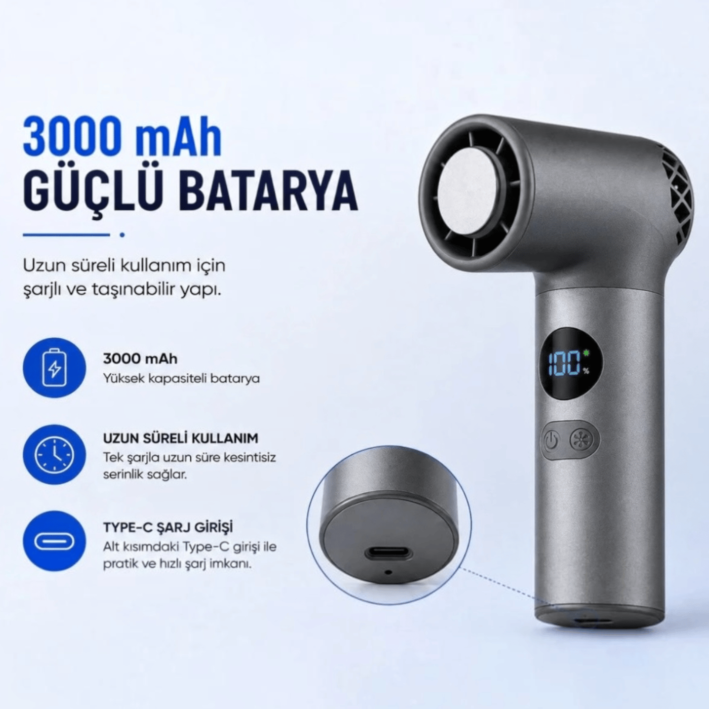 Turbo Buzlu Fan  Dijital Ekranlı Şarjlı Mini El Vantilatörü – 100 Kademeli Ayar, 3000MAH Batarya, Type-C Şarj
