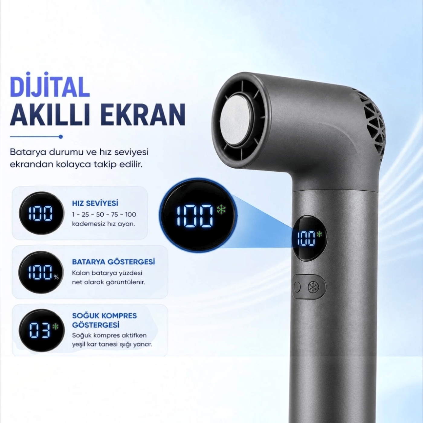 Turbo Buzlu Fan  Dijital Ekranlı Şarjlı Mini El Vantilatörü – 100 Kademeli Ayar, 3000MAH Batarya, Type-C Şarj