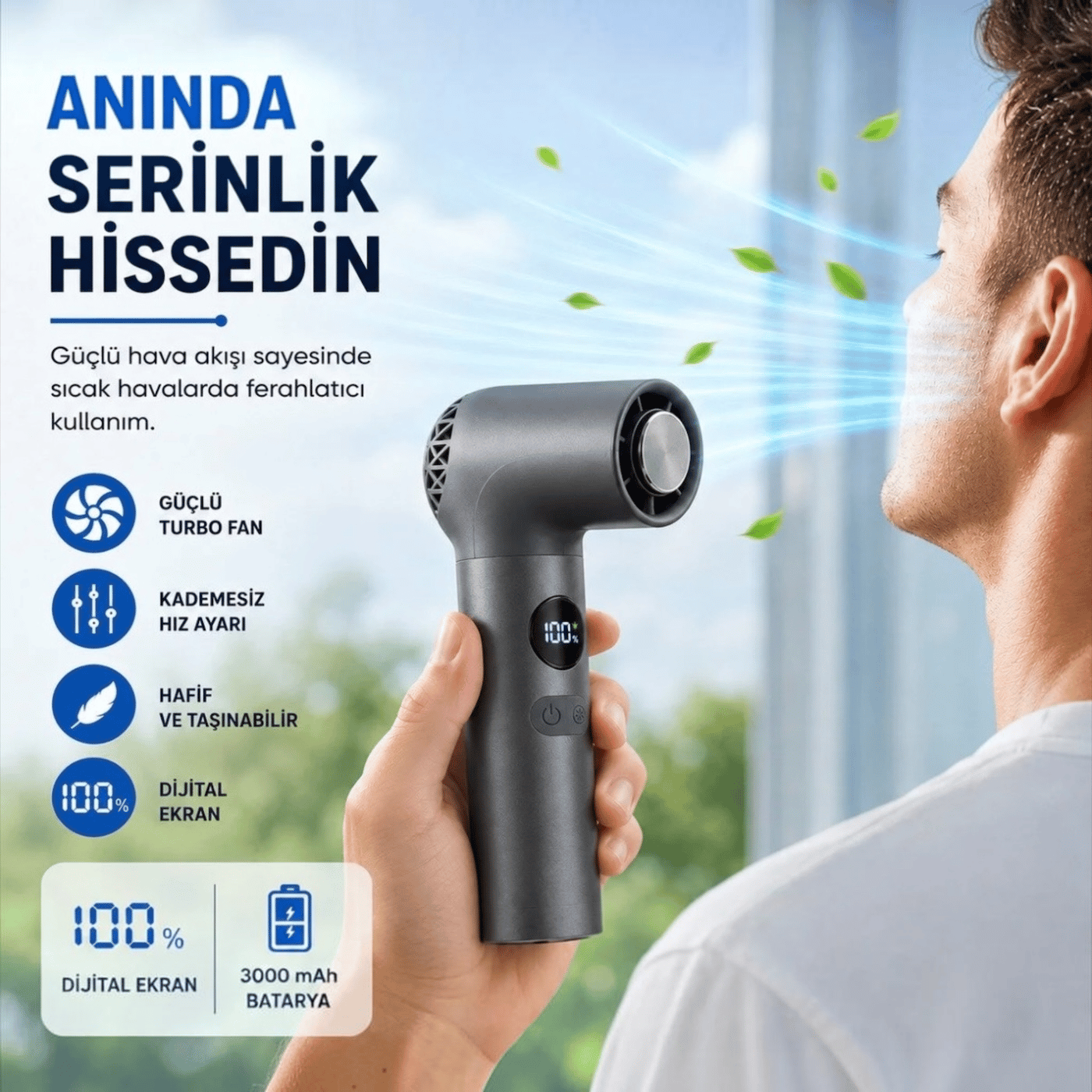 Turbo Buzlu Fan  Dijital Ekranlı Şarjlı Mini El Vantilatörü – 100 Kademeli Ayar, 3000MAH Batarya, Type-C Şarj