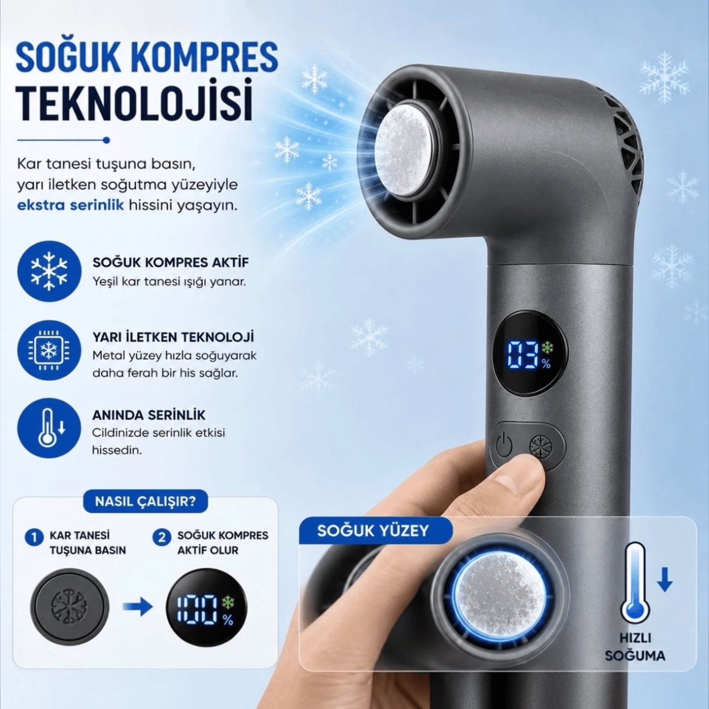 Turbo Buzlu Fan  Dijital Ekranlı Şarjlı Mini El Vantilatörü – 100 Kademeli Ayar, 3000MAH Batarya, Type-C Şarj