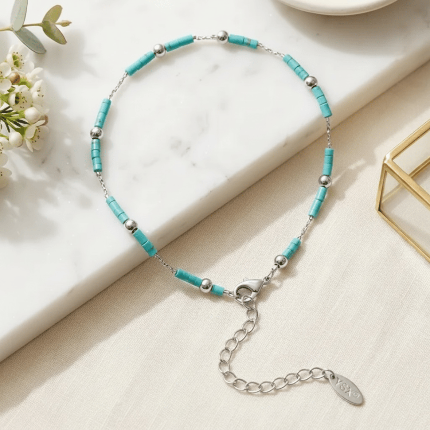 Turkuaz Renkli Silindir Boncuklu Halhal Metal Boncuk Detaylı Gümüş Renk 