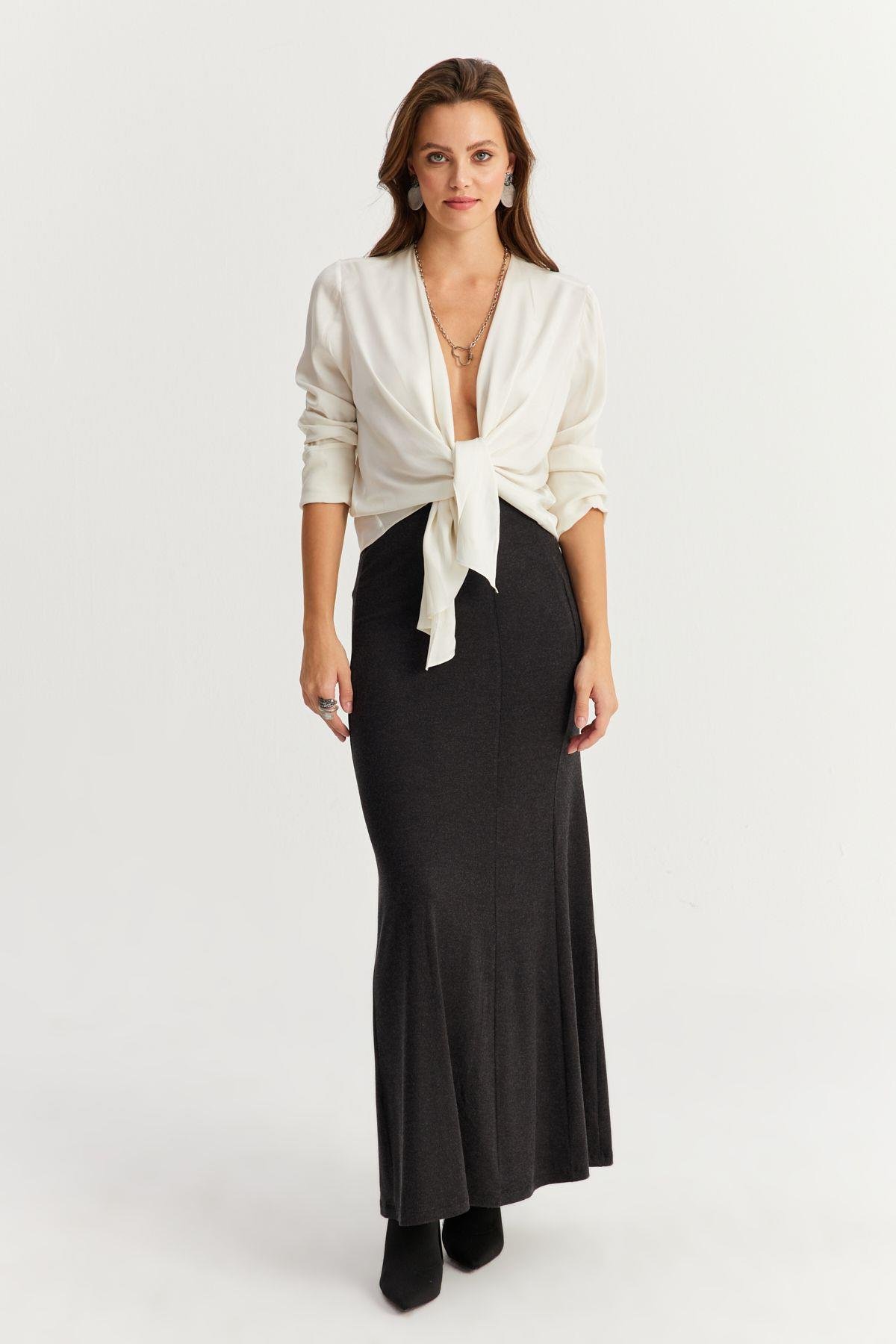 Kadın Antrasit Beli Lastikli Evoze Maxi Etek EY2923