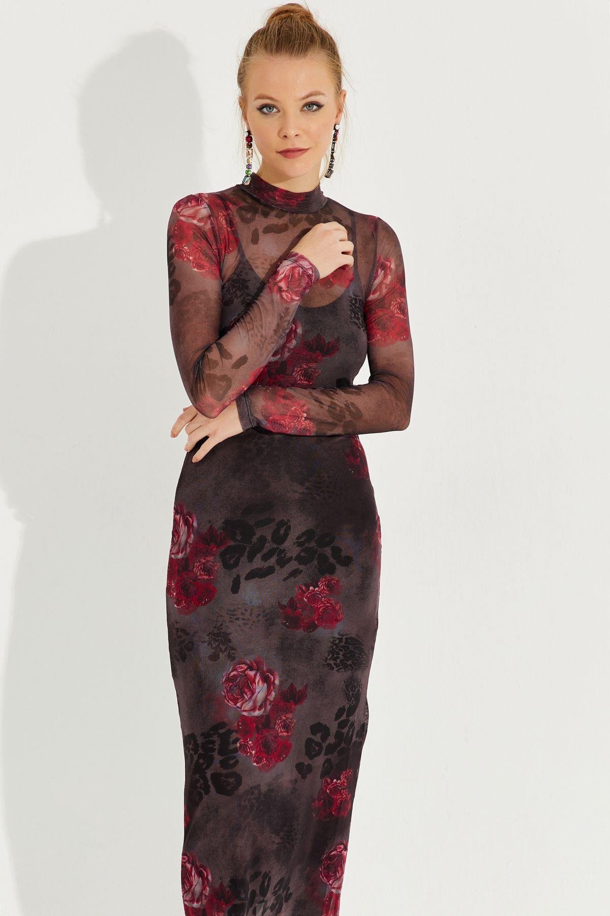 Kadın Antrasit Desenli Midi Tül Elbise YEL221355
