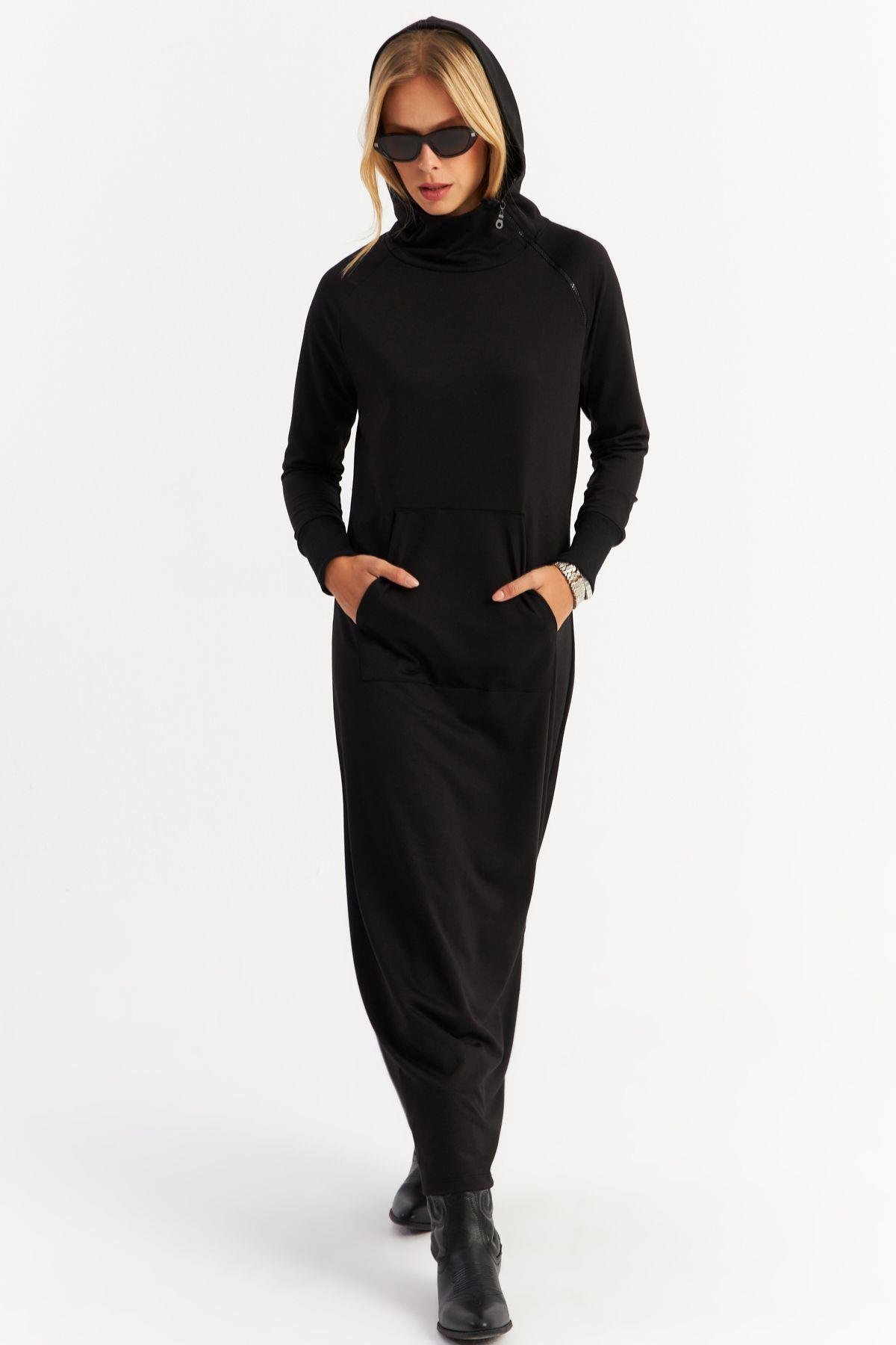 Kadın Antrasit Yakası Fermuarlı Maxi Sweat Elbise MTF12