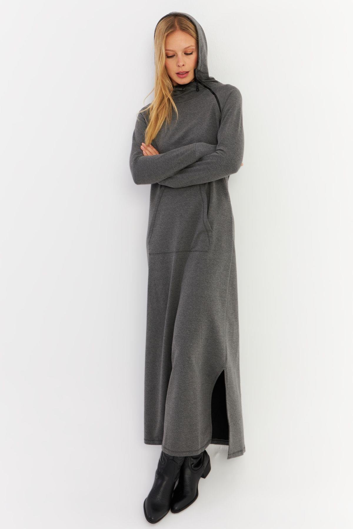 Kadın Antrasit Yakası Fermuarlı Maxi Sweat Elbise MTF12
