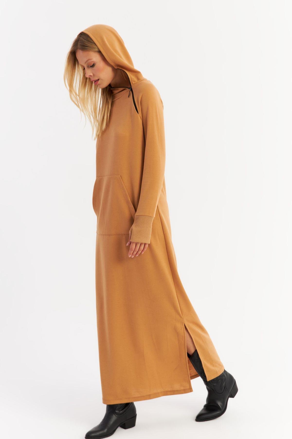 Kadın Antrasit Yakası Fermuarlı Maxi Sweat Elbise MTF12