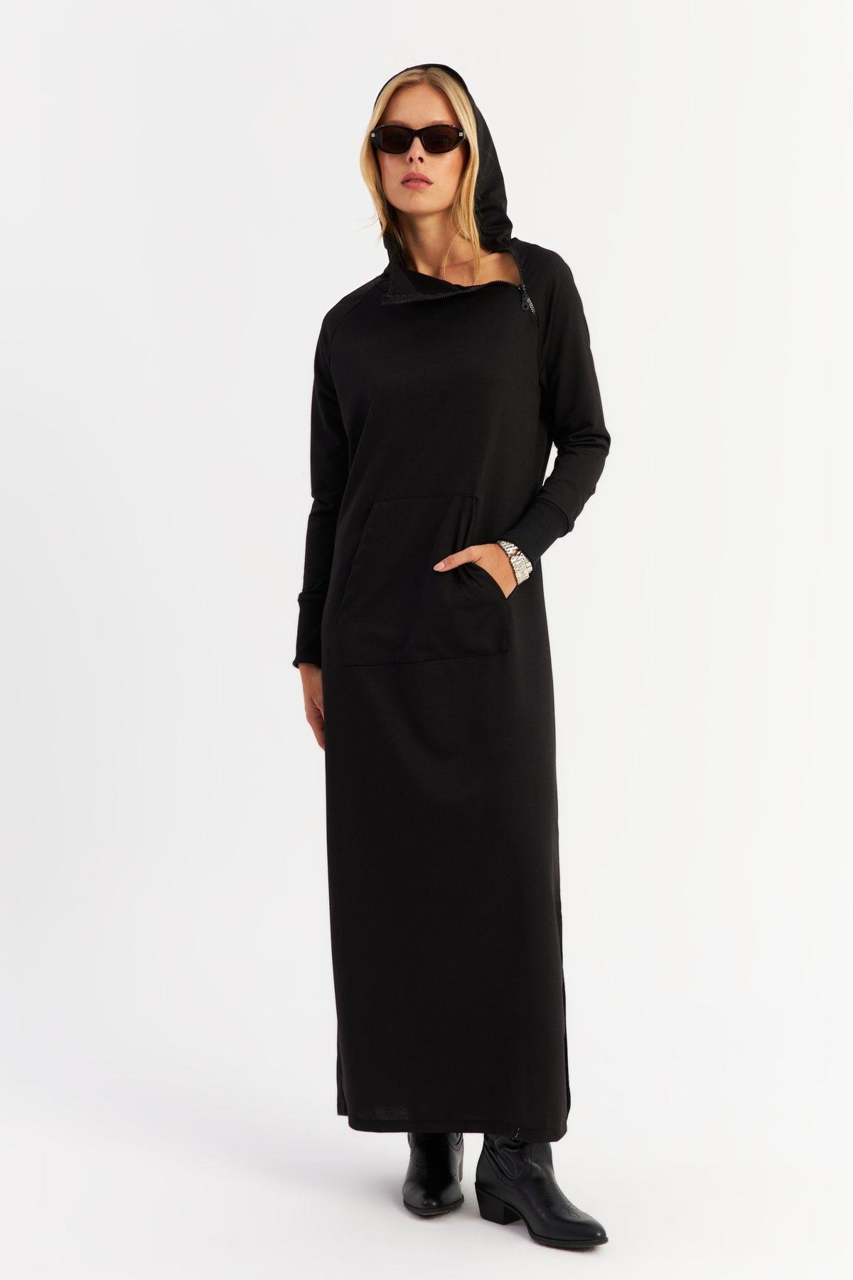 Kadın Antrasit Yakası Fermuarlı Maxi Sweat Elbise MTF12