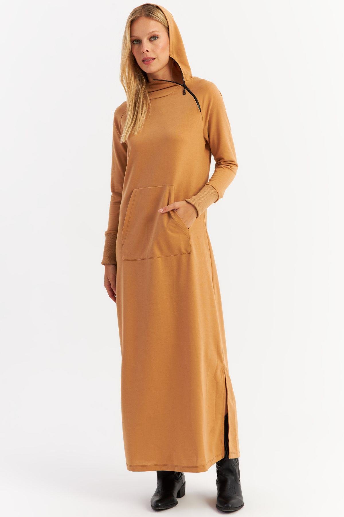 Kadın Antrasit Yakası Fermuarlı Maxi Sweat Elbise MTF12