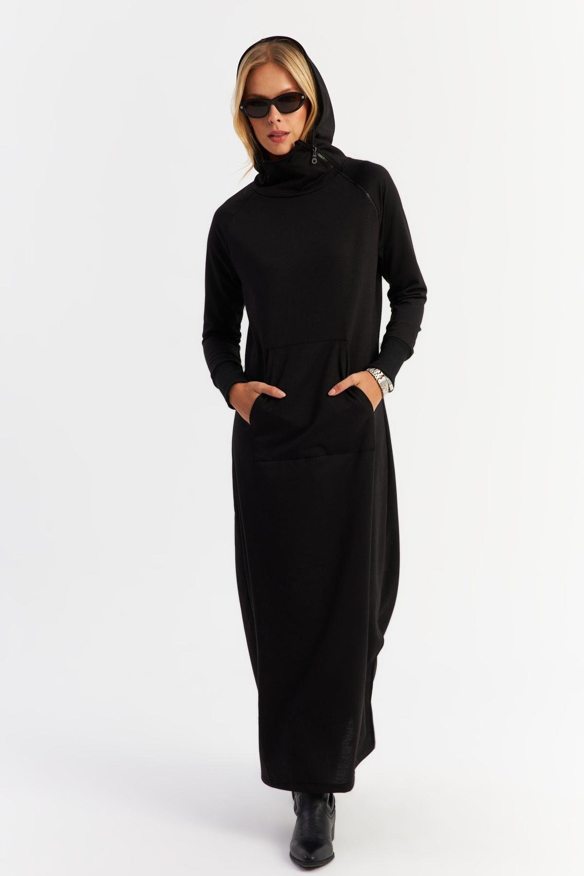 Kadın Antrasit Yakası Fermuarlı Maxi Sweat Elbise MTF12