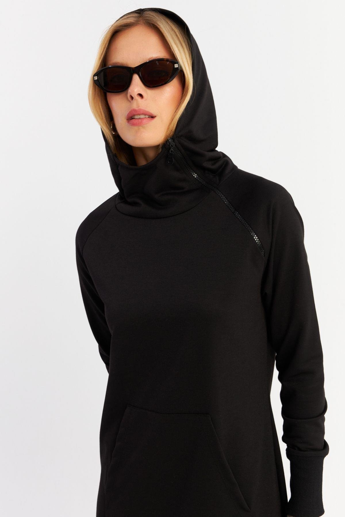 Kadın Antrasit Yakası Fermuarlı Maxi Sweat Elbise MTF12