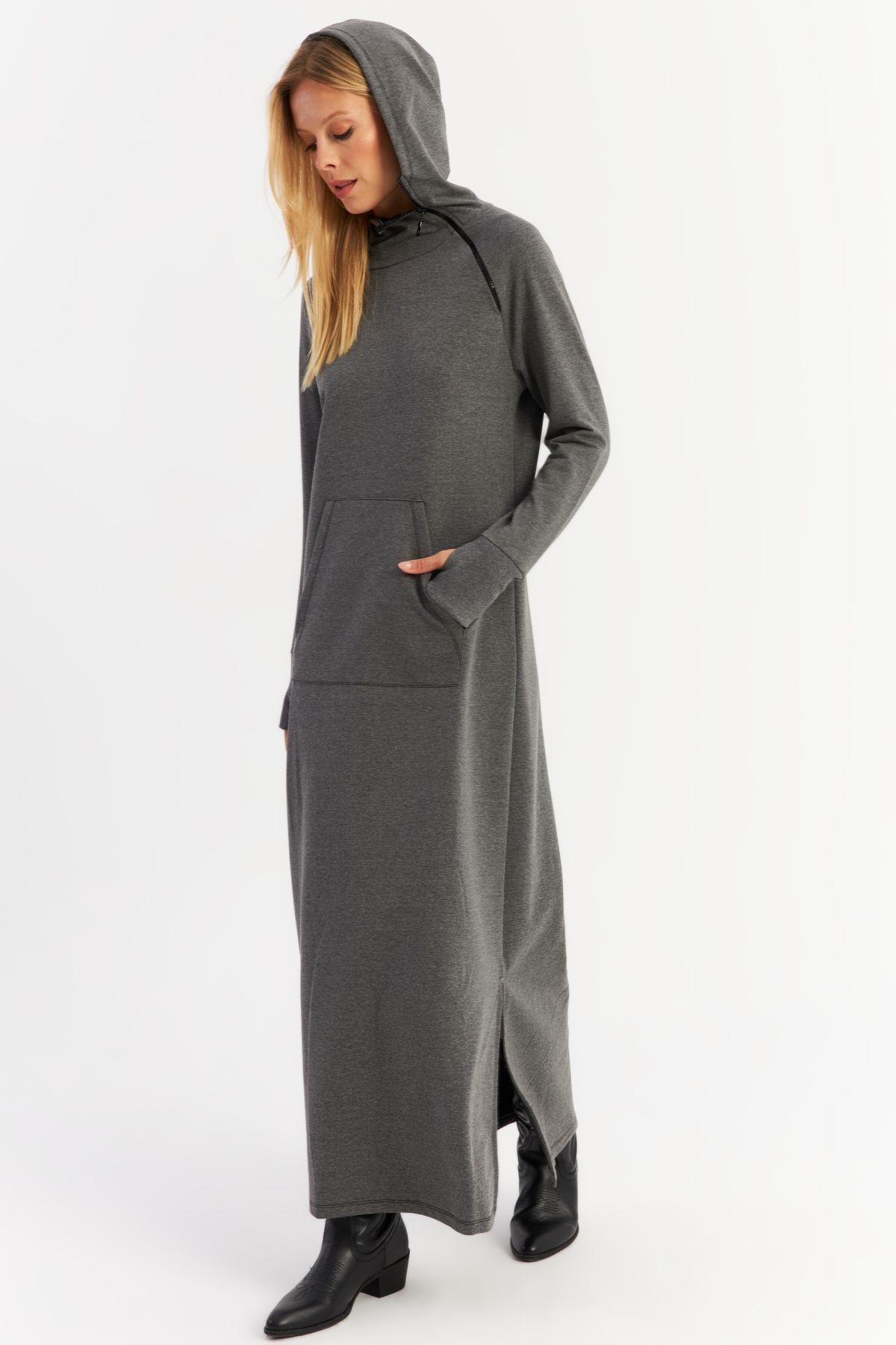 Kadın Antrasit Yakası Fermuarlı Maxi Sweat Elbise MTF12