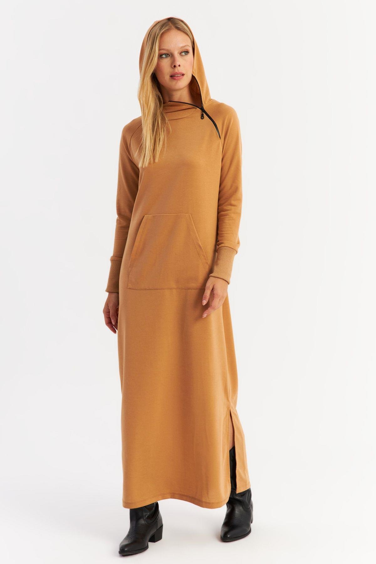 Kadın Antrasit Yakası Fermuarlı Maxi Sweat Elbise MTF12