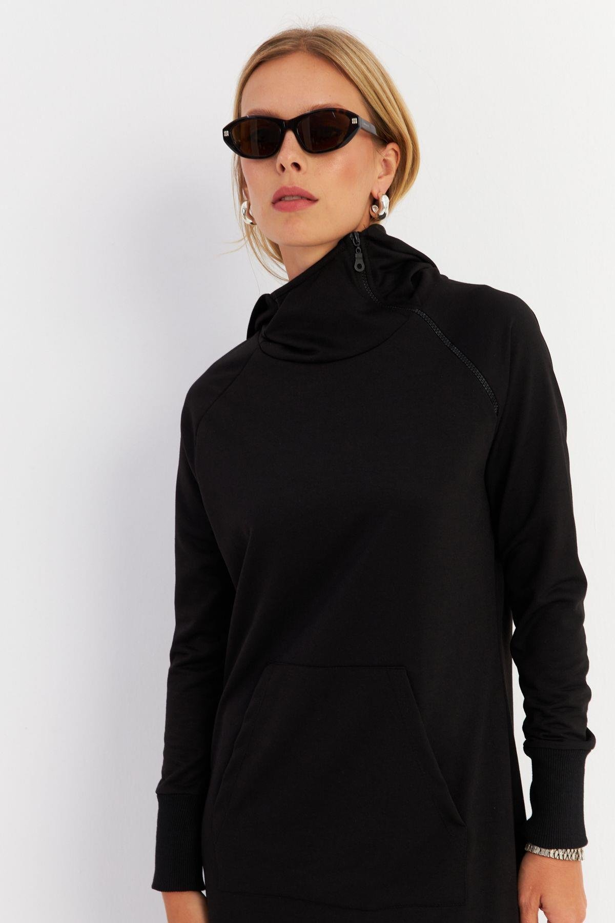 Kadın Antrasit Yakası Fermuarlı Maxi Sweat Elbise MTF12