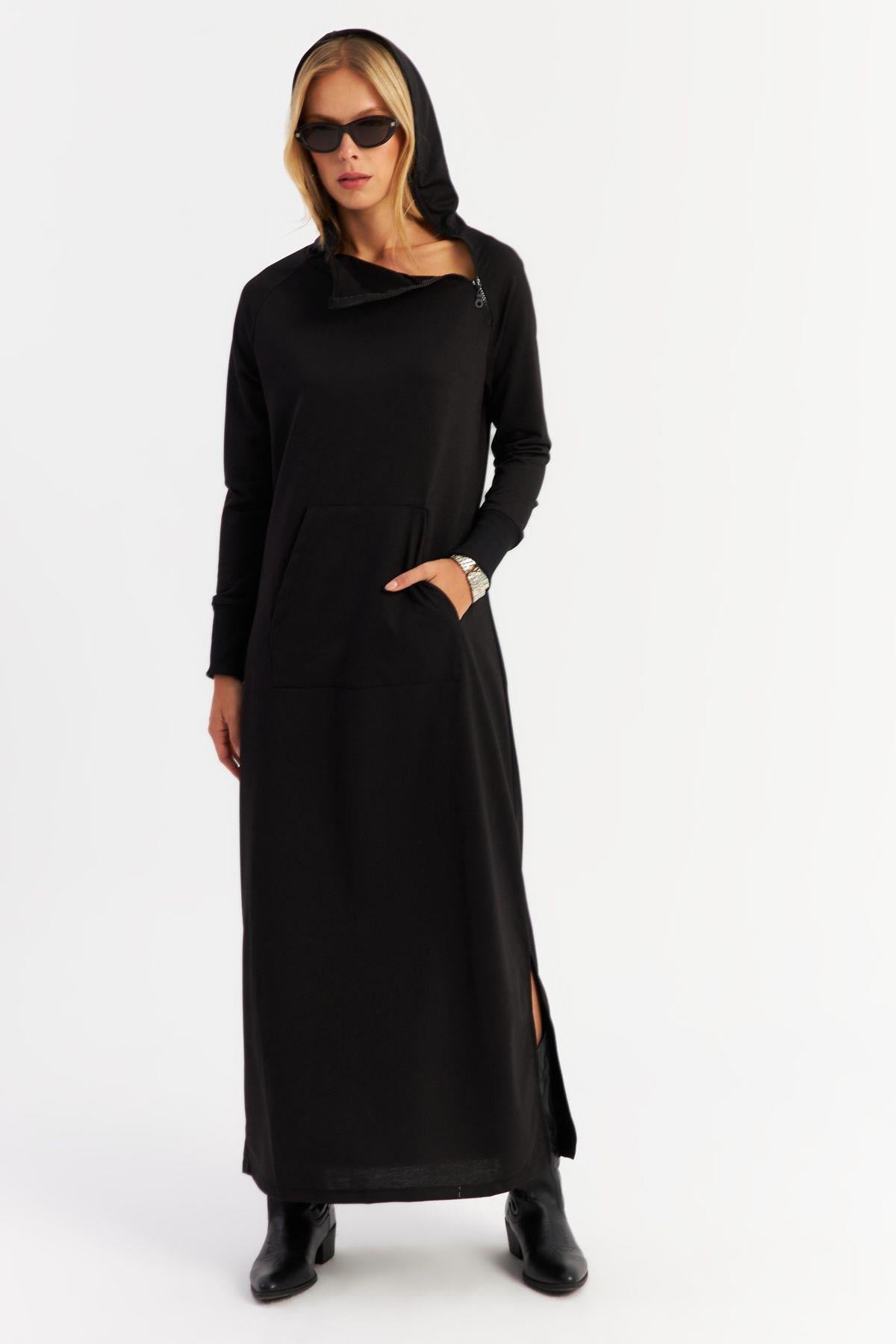 Kadın Antrasit Yakası Fermuarlı Maxi Sweat Elbise MTF12