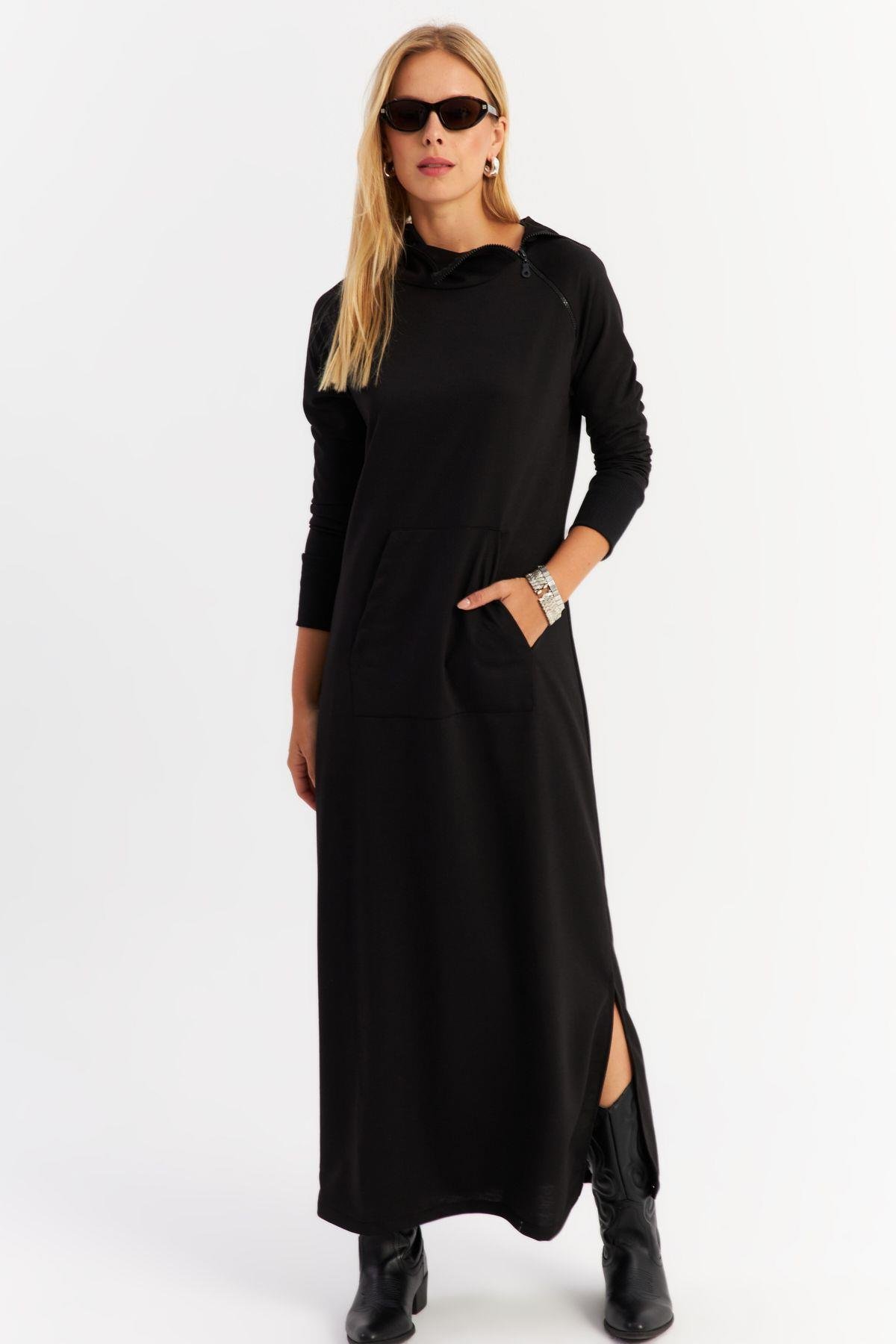 Kadın Antrasit Yakası Fermuarlı Maxi Sweat Elbise MTF12