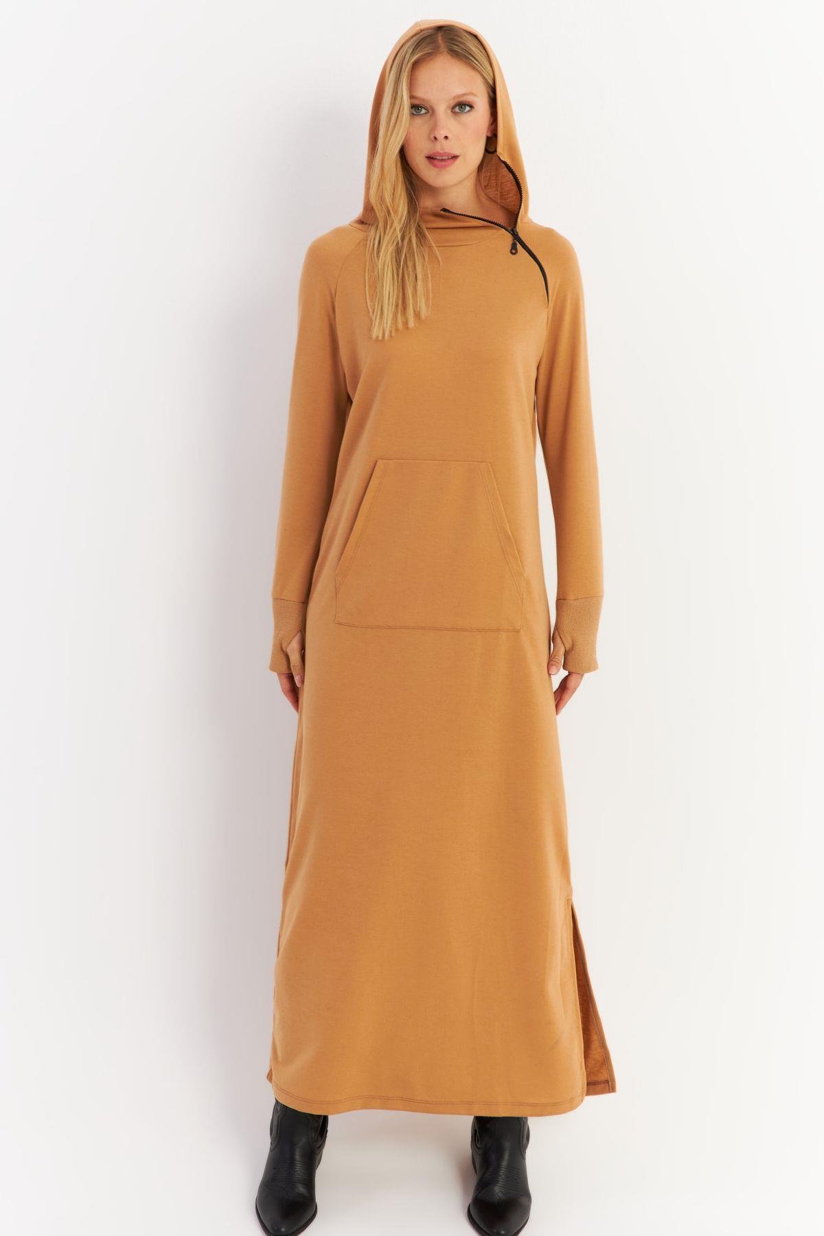 Kadın Antrasit Yakası Fermuarlı Maxi Sweat Elbise MTF12