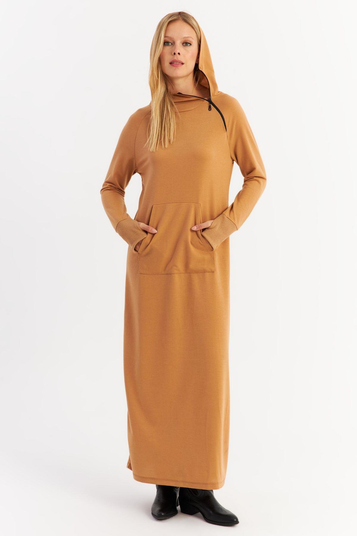 Kadın Antrasit Yakası Fermuarlı Maxi Sweat Elbise MTF12