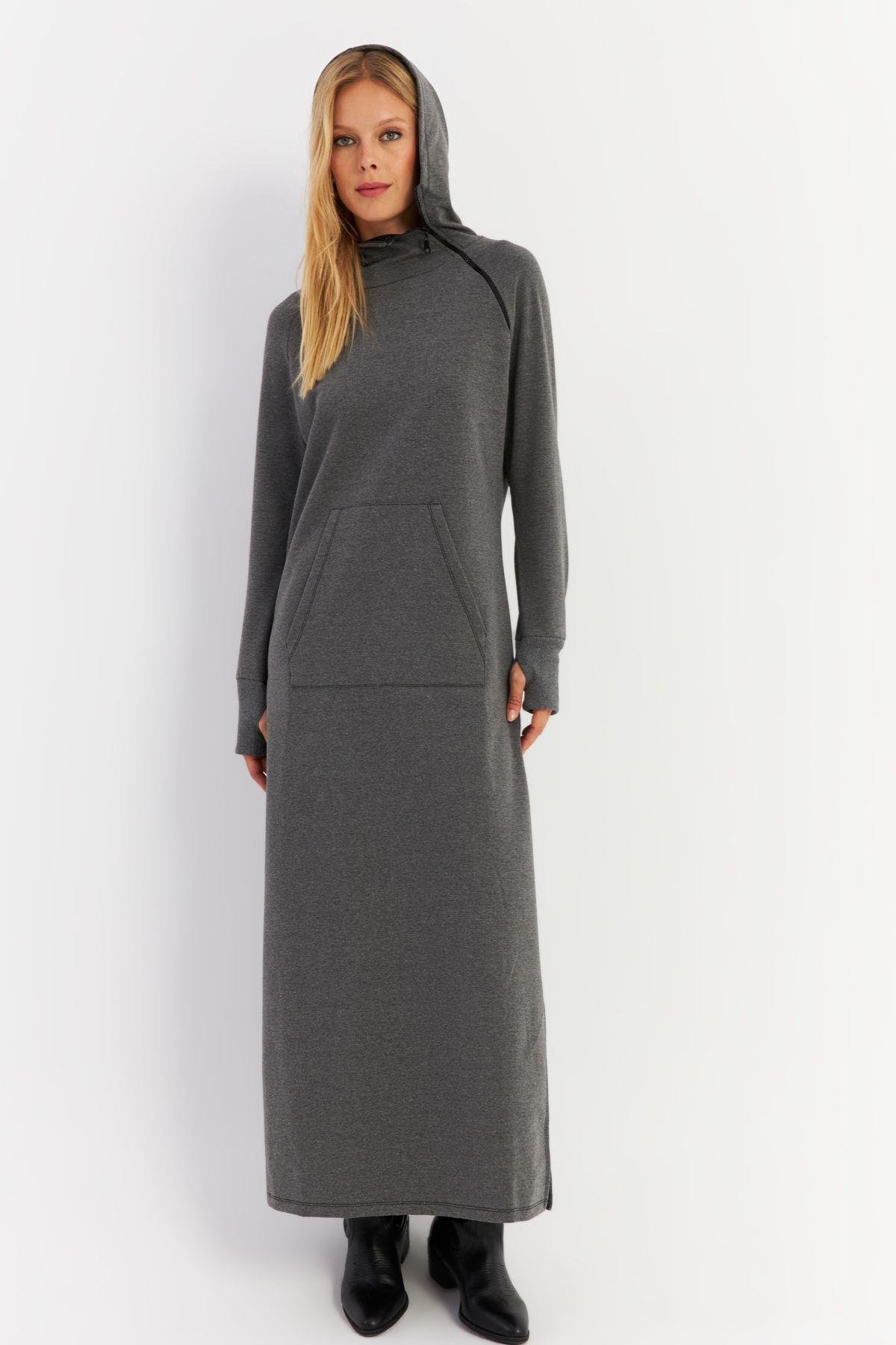 Kadın Antrasit Yakası Fermuarlı Maxi Sweat Elbise MTF12