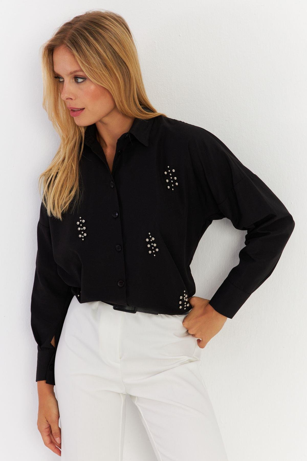 Kadın Antrasit Zımbalı Gömlek MASF1