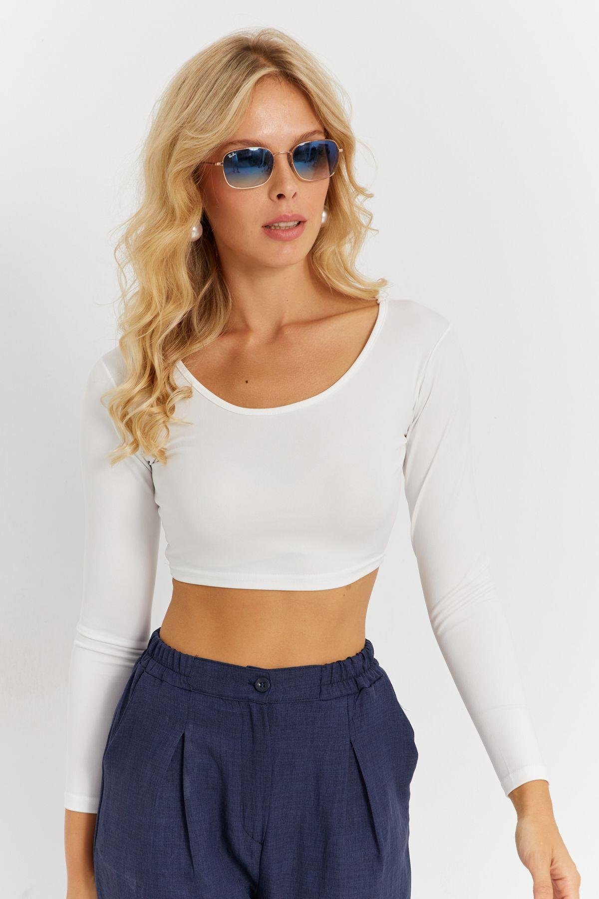 Kadın Beyaz Crop Bluz CG367