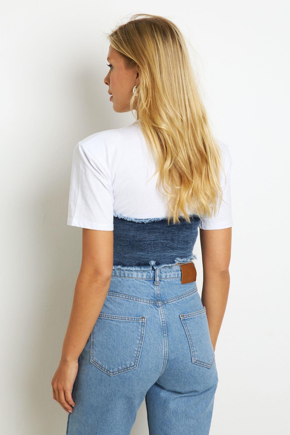 Kadın Beyaz Denim Bloklu Vatkalı  Bluz YZ636