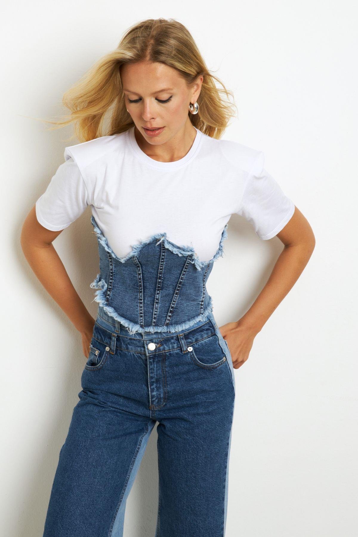 Kadın Beyaz Denim Bloklu Vatkalı  Bluz YZ636