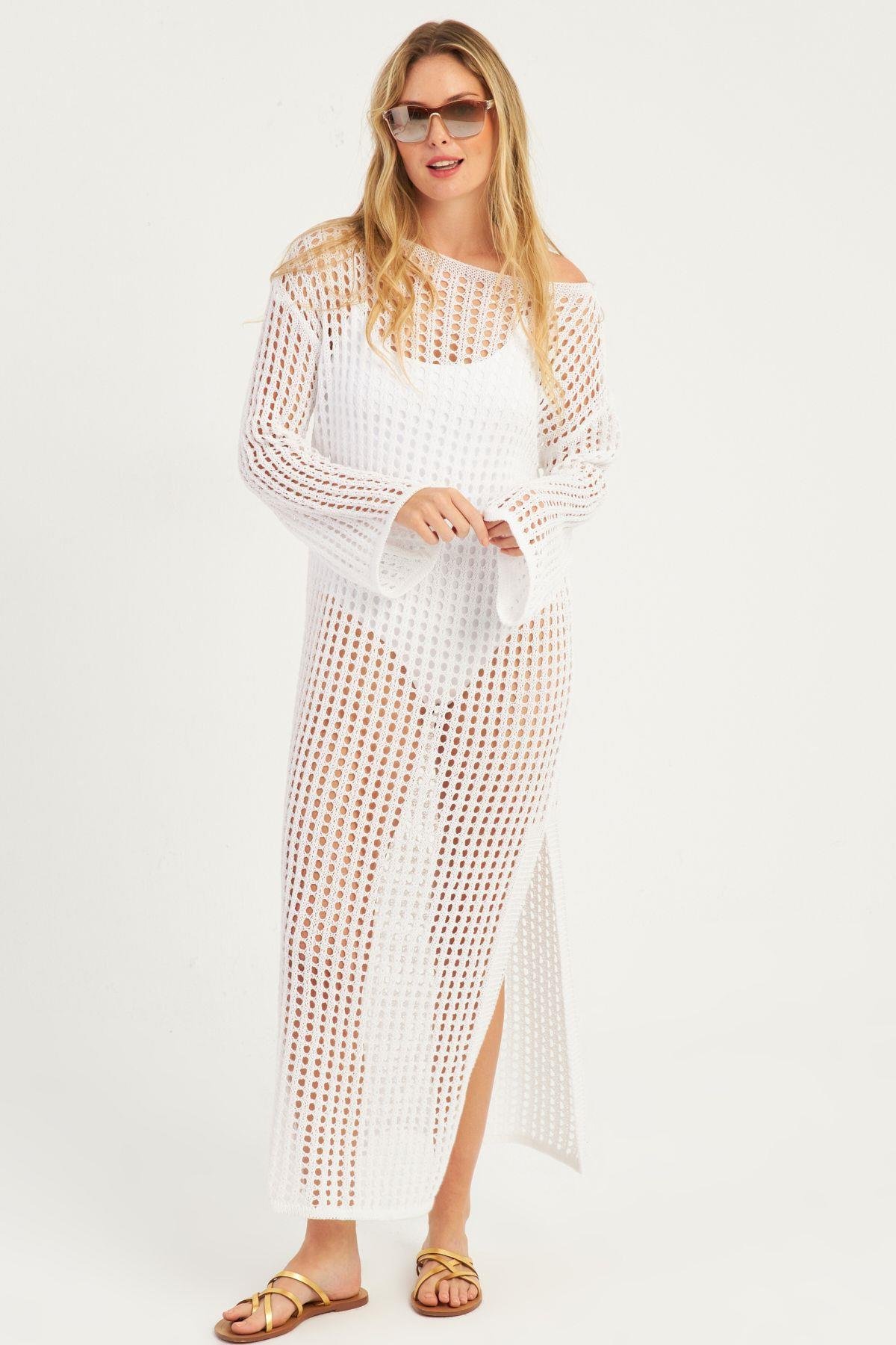 Kadın Beyaz File Kaftan SMT550