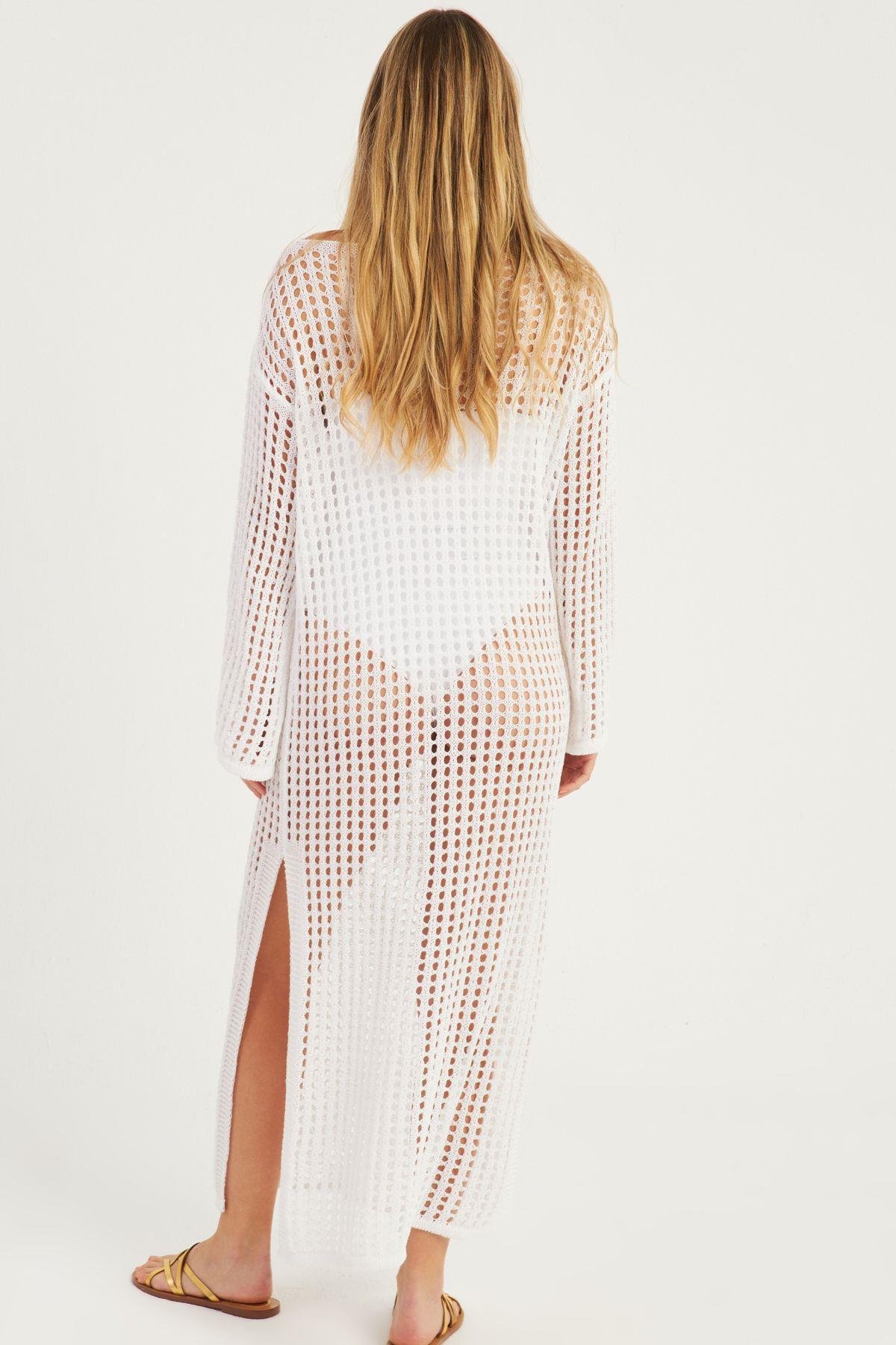 Kadın Beyaz File Kaftan SMT550