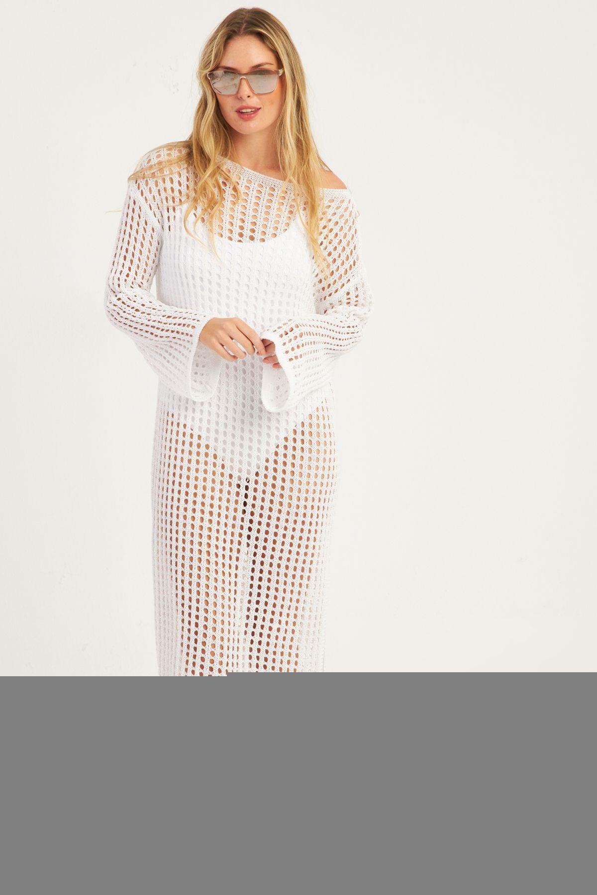 Kadın Beyaz File Kaftan SMT550