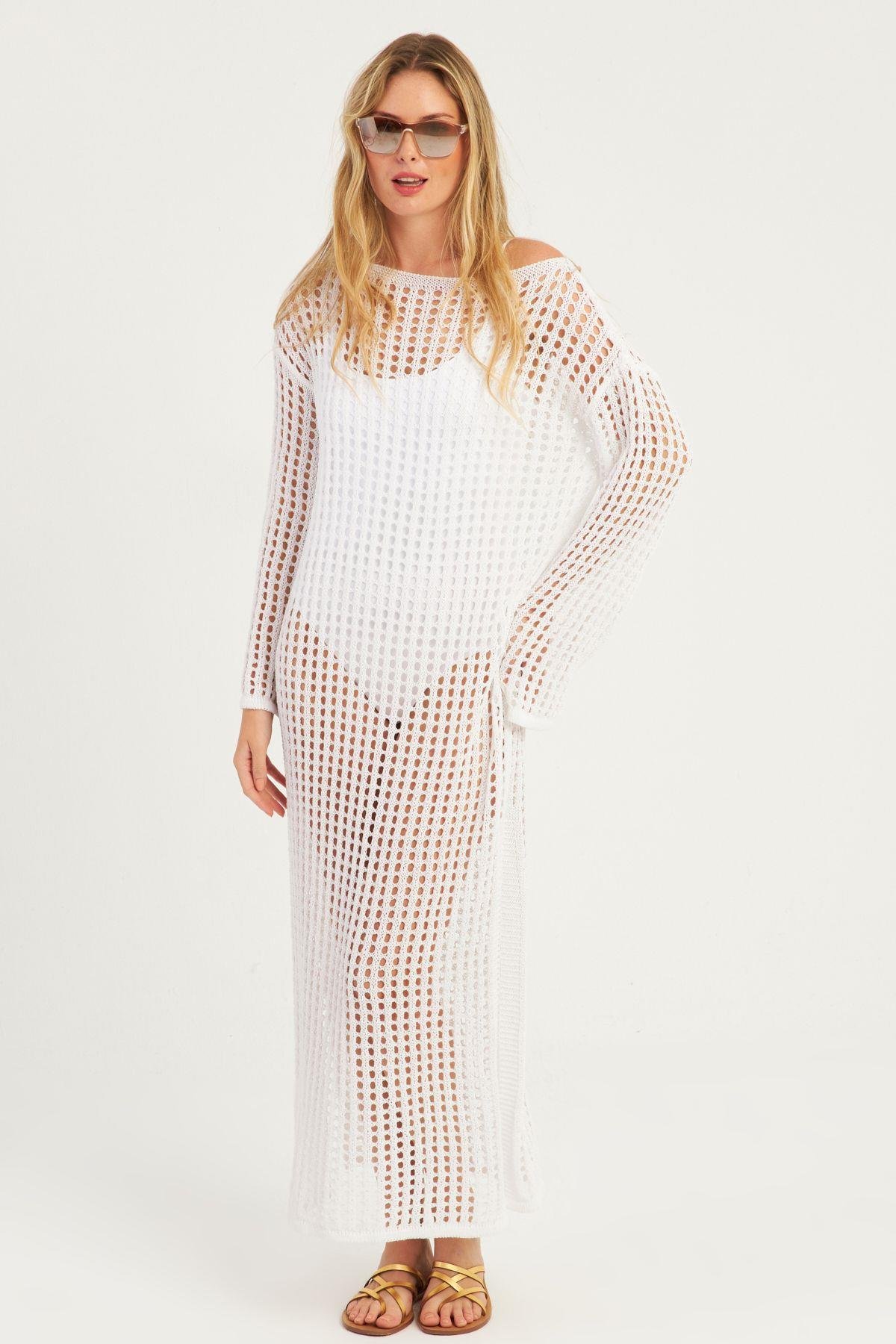Kadın Beyaz File Kaftan SMT550